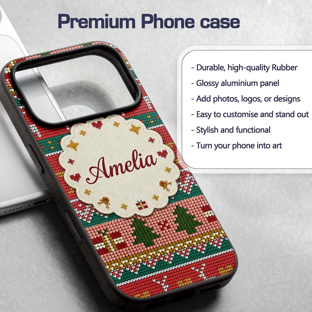 Nordic Deer Heart Tree Knit Pattern Red Green Custom Name Protective Phone Case Mobile Cover Durable Everyday Smartphone Shock Resistant
