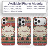 Nordic Deer Heart Tree Knit Pattern Red Green Custom Name Protective Phone Case Mobile Cover Durable Everyday Smartphone Shock Resistant
