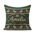 Custom Name Scandinavian Reindeer Mountain Knit Green Red White Square Filled Cushion Throw Pillow Sofa Bed Home Decor Zip Washable UK Made