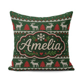 Custom Name Scandinavian Reindeer Mountain Knit Green Red White Square Filled Cushion Throw Pillow Sofa Bed Home Decor Zip Washable UK Made