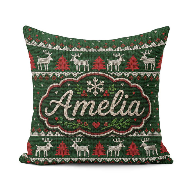 Custom Name Scandinavian Reindeer Mountain Knit Green Red White Square Filled Cushion Throw Pillow Sofa Bed Home Decor Zip Washable UK Made