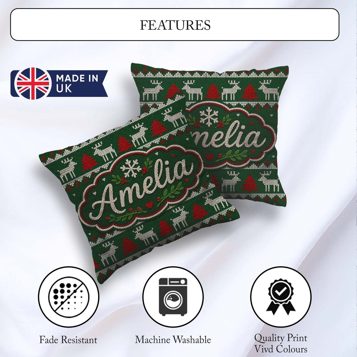 Custom Name Scandinavian Reindeer Mountain Knit Green Red White Square Filled Cushion Throw Pillow Sofa Bed Home Decor Zip Washable UK Made