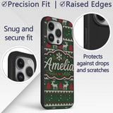 Scandinavian Reindeer Mountain Knit Pattern Green Custom Name Protective Phone Case Mobile Cover Durable Everyday Smartphone Shock Resistant