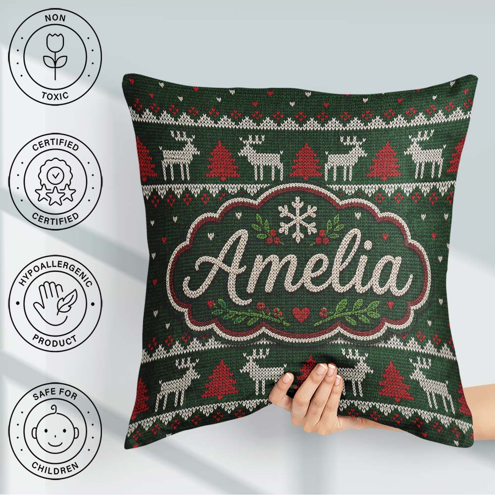 Custom Name Scandinavian Reindeer Mountain Knit Green Red White Square Filled Cushion Throw Pillow Sofa Bed Home Decor Zip Washable UK Made
