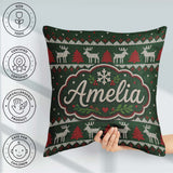 Custom Name Scandinavian Reindeer Mountain Knit Green Red White Square Filled Cushion Throw Pillow Sofa Bed Home Decor Zip Washable UK Made