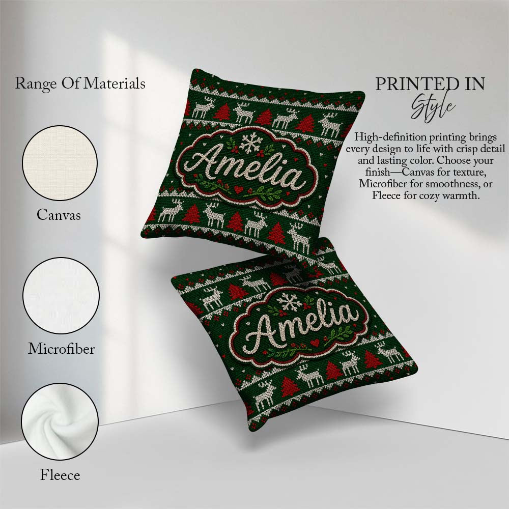 Custom Name Scandinavian Reindeer Mountain Knit Green Red White Square Filled Cushion Throw Pillow Sofa Bed Home Decor Zip Washable UK Made