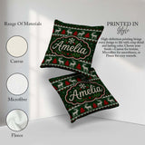 Custom Name Scandinavian Reindeer Mountain Knit Green Red White Square Filled Cushion Throw Pillow Sofa Bed Home Decor Zip Washable UK Made