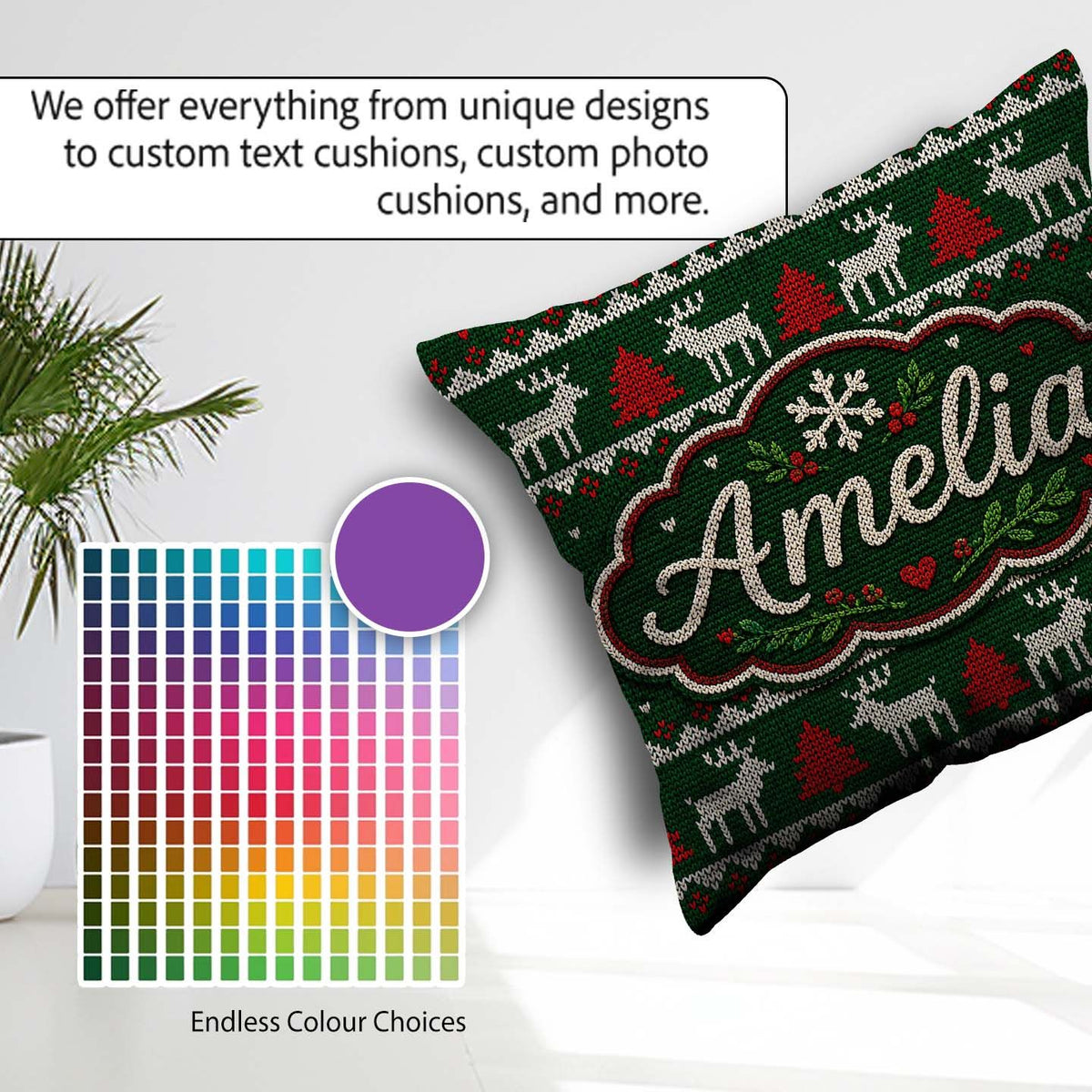 Custom Name Scandinavian Reindeer Mountain Knit Green Red White Square Filled Cushion Throw Pillow Sofa Bed Home Decor Zip Washable UK Made