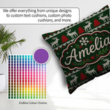 Custom Name Scandinavian Reindeer Mountain Knit Green Red White Square Filled Cushion Throw Pillow Sofa Bed Home Decor Zip Washable UK Made