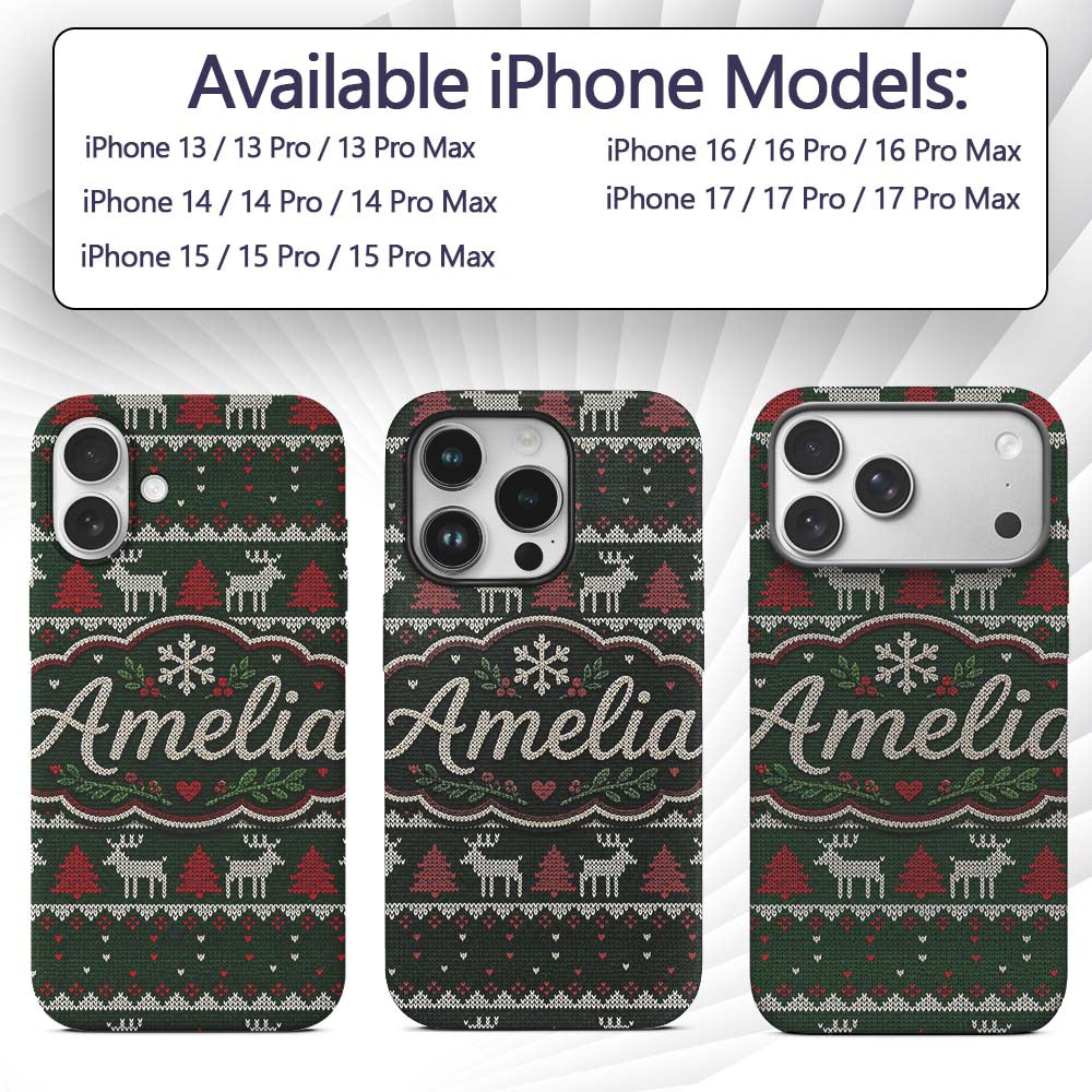 Scandinavian Reindeer Mountain Knit Pattern Green Custom Name Protective Phone Case Mobile Cover Durable Everyday Smartphone Shock Resistant