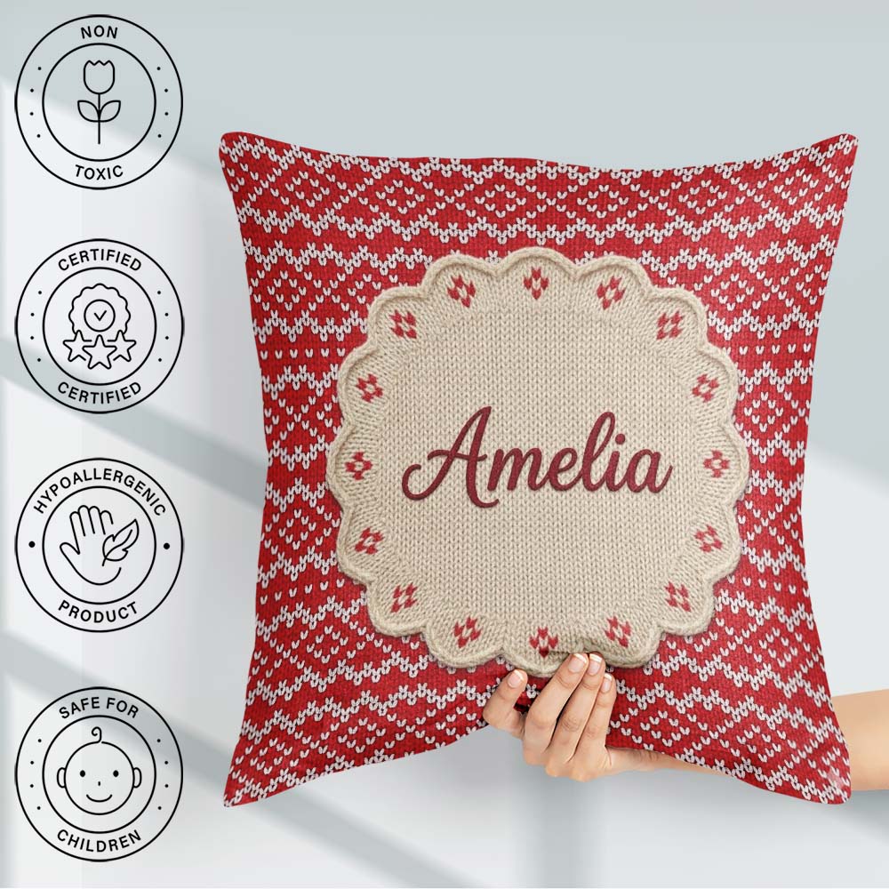 Custom Name Red White Nordic Snowflake Chevron Pattern Christmas Square Filled Cushion Throw Pillow Sofa Bed Home Decor Zip Washable UK Made