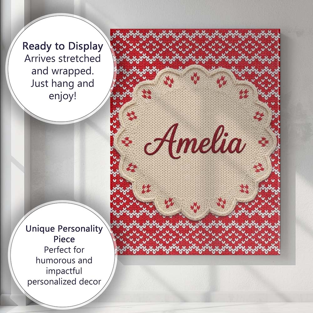 Personalised Name Red White Nordic Knit Custom  Modern Room Accent Elegant Feature Canvas Wall Art Print Decor Picture Ready to Hang