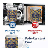 Personalized Custom Name Golden Buddha Faces with Floral Elements Seamless Pattern Lovely 11oz Ceramic Coffee Tea Mug White Large Handle
