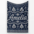 Blue White Christmas Tree Snowflake Knit Pattern Nordic Winter  Personalised Custom Name Super Soft Fleece Blanket Bed Sofa Throw