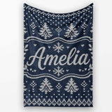 Blue White Christmas Tree Snowflake Knit Pattern Nordic Winter  Personalised Custom Name Super Soft Fleece Blanket Bed Sofa Throw