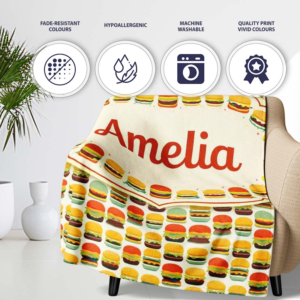Cute Burger Cartoon Seamless Pattern Fast Food Snack Design Lovely  Personalised Custom Name Super Soft Fleece Blanket Bed Sofa Throw
