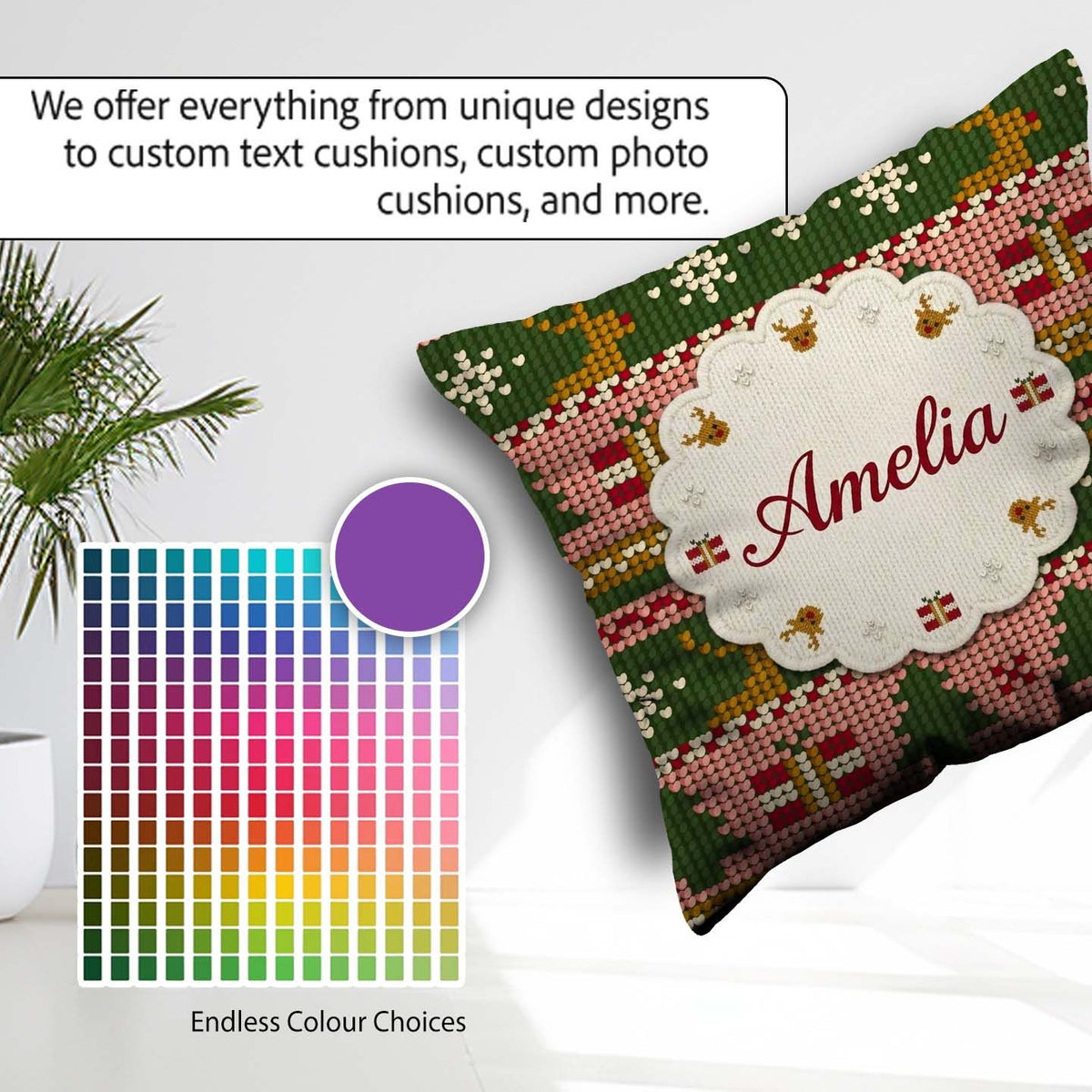 Custom Name Scandinavian Deer Snowflake Knit Green Pink Festive Square Filled Cushion Throw Pillow Sofa Bed Home Decor Zip Washable UK Made