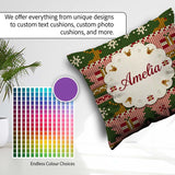 Custom Name Scandinavian Deer Snowflake Knit Green Pink Festive Square Filled Cushion Throw Pillow Sofa Bed Home Decor Zip Washable UK Made