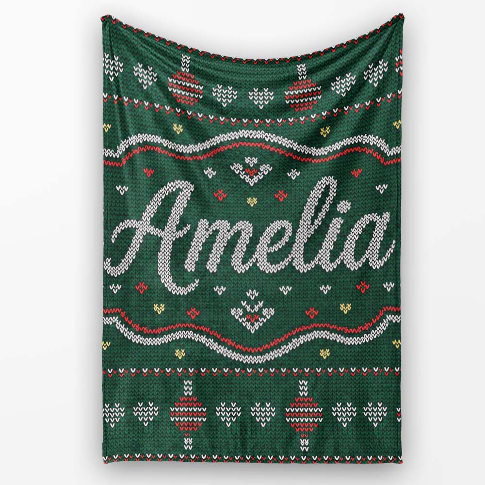 Nordic Ornament Christmas Tree Knit Green Red White Festive Seamless  Personalised Custom Name Super Soft Fleece Blanket Bed Sofa Throw