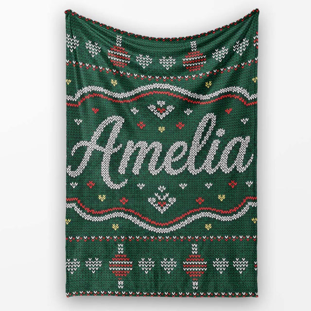 Nordic Ornament Christmas Tree Knit Green Red White Festive Seamless  Personalised Custom Name Super Soft Fleece Blanket Bed Sofa Throw