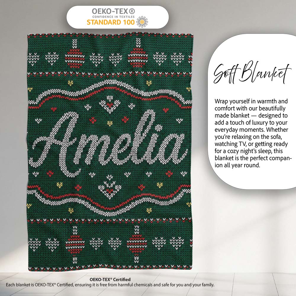 Nordic Ornament Christmas Tree Knit Green Red White Festive Seamless  Personalised Custom Name Super Soft Fleece Blanket Bed Sofa Throw