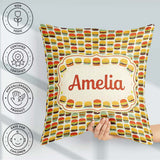 Custom Name Cute Burger Cartoon Seamless Pattern Fast Food Snack Square Filled Cushion Throw Pillow Sofa Bed Home Decor Zip Washable UK Made