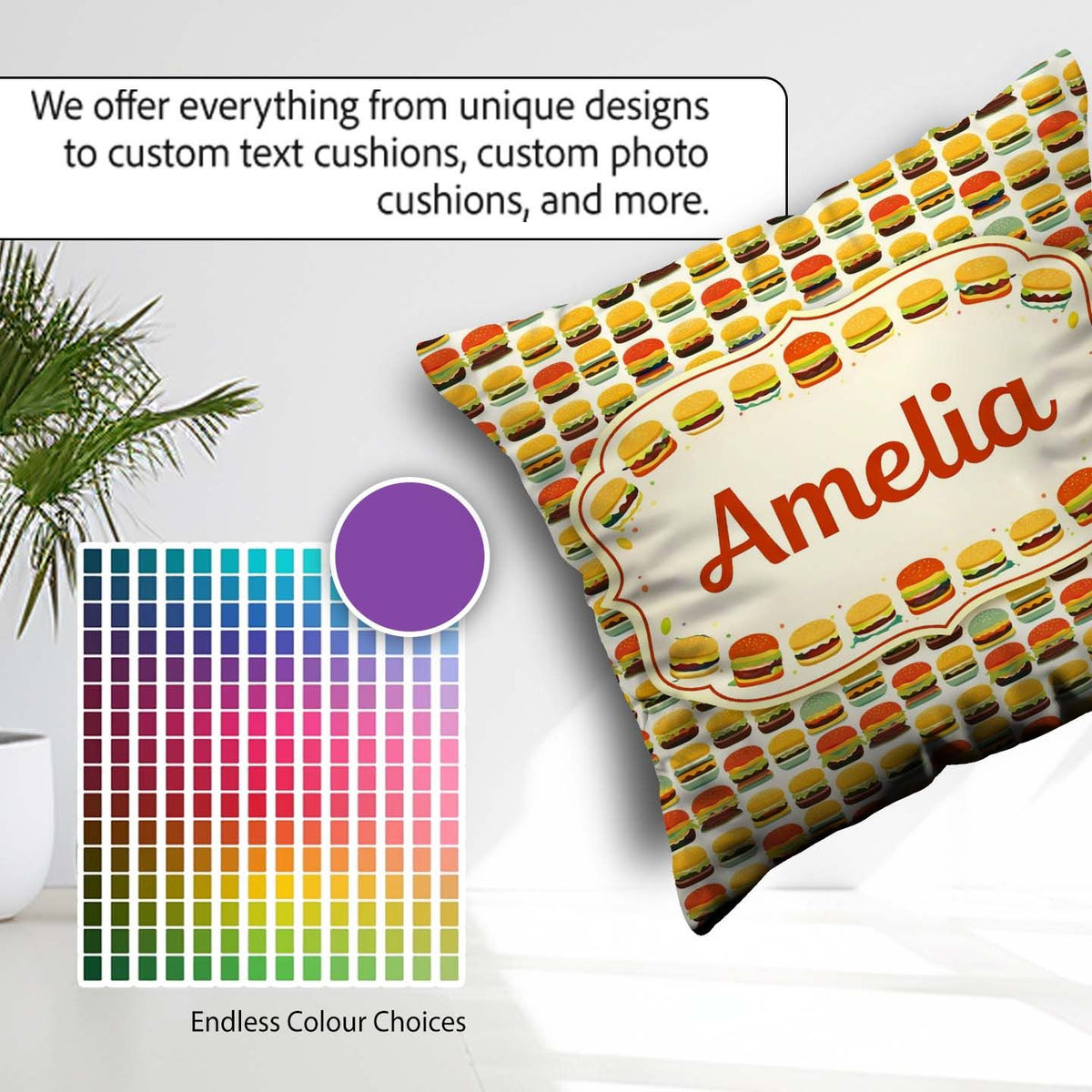 Custom Name Cute Burger Cartoon Seamless Pattern Fast Food Snack Square Filled Cushion Throw Pillow Sofa Bed Home Decor Zip Washable UK Made