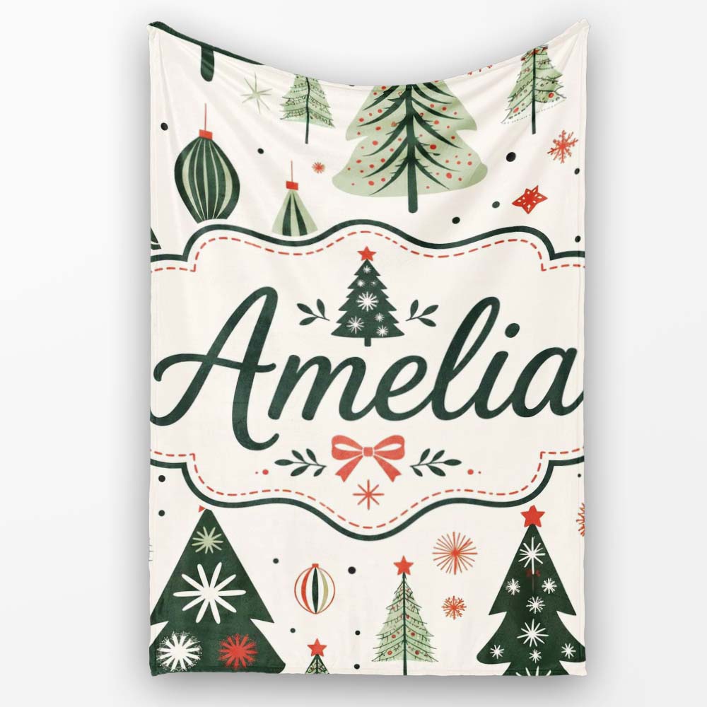 Vintage Style Christmas Trees Ornaments Snowflakes Festive Seamless  Personalised Custom Name Super Soft Fleece Blanket Bed Sofa Throw