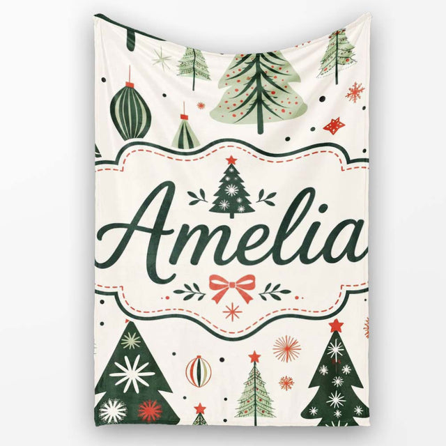 Vintage Style Christmas Trees Ornaments Snowflakes Festive Seamless  Personalised Custom Name Super Soft Fleece Blanket Bed Sofa Throw