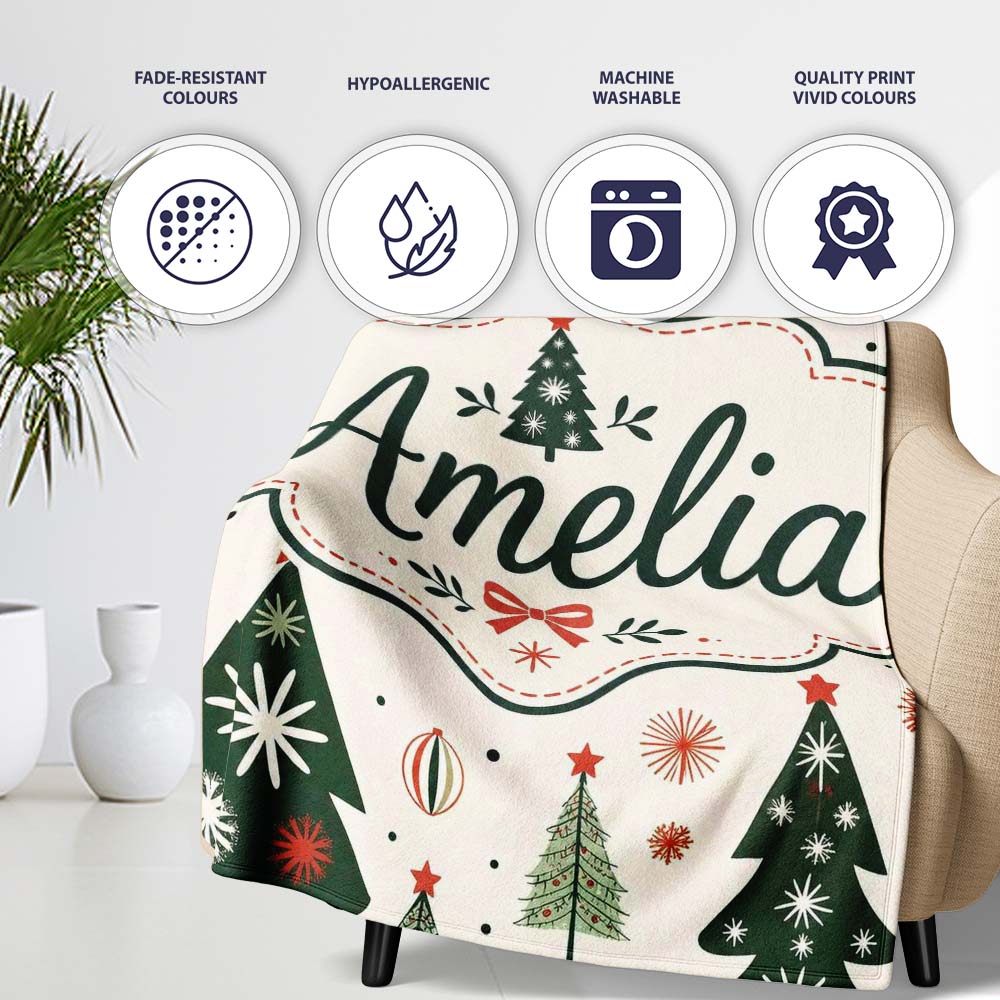 Vintage Style Christmas Trees Ornaments Snowflakes Festive Seamless  Personalised Custom Name Super Soft Fleece Blanket Bed Sofa Throw
