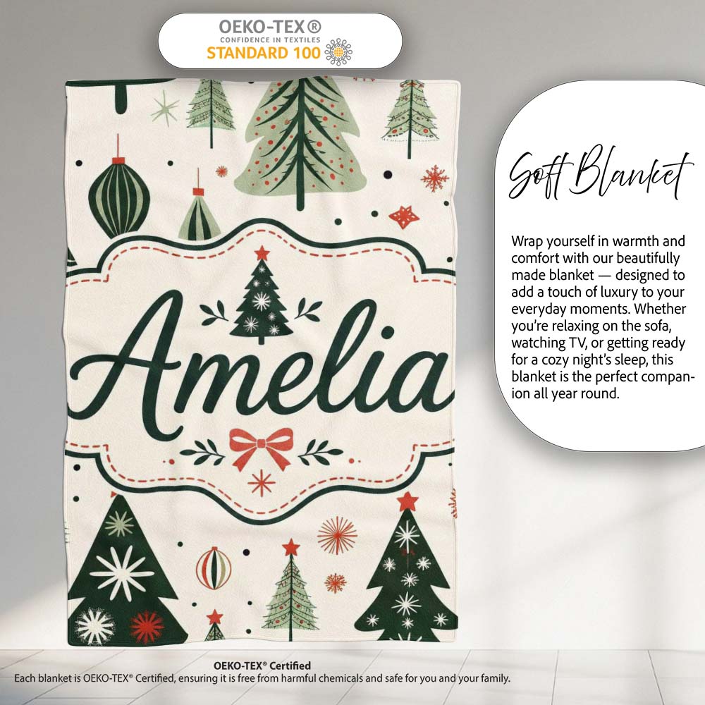Vintage Style Christmas Trees Ornaments Snowflakes Festive Seamless  Personalised Custom Name Super Soft Fleece Blanket Bed Sofa Throw