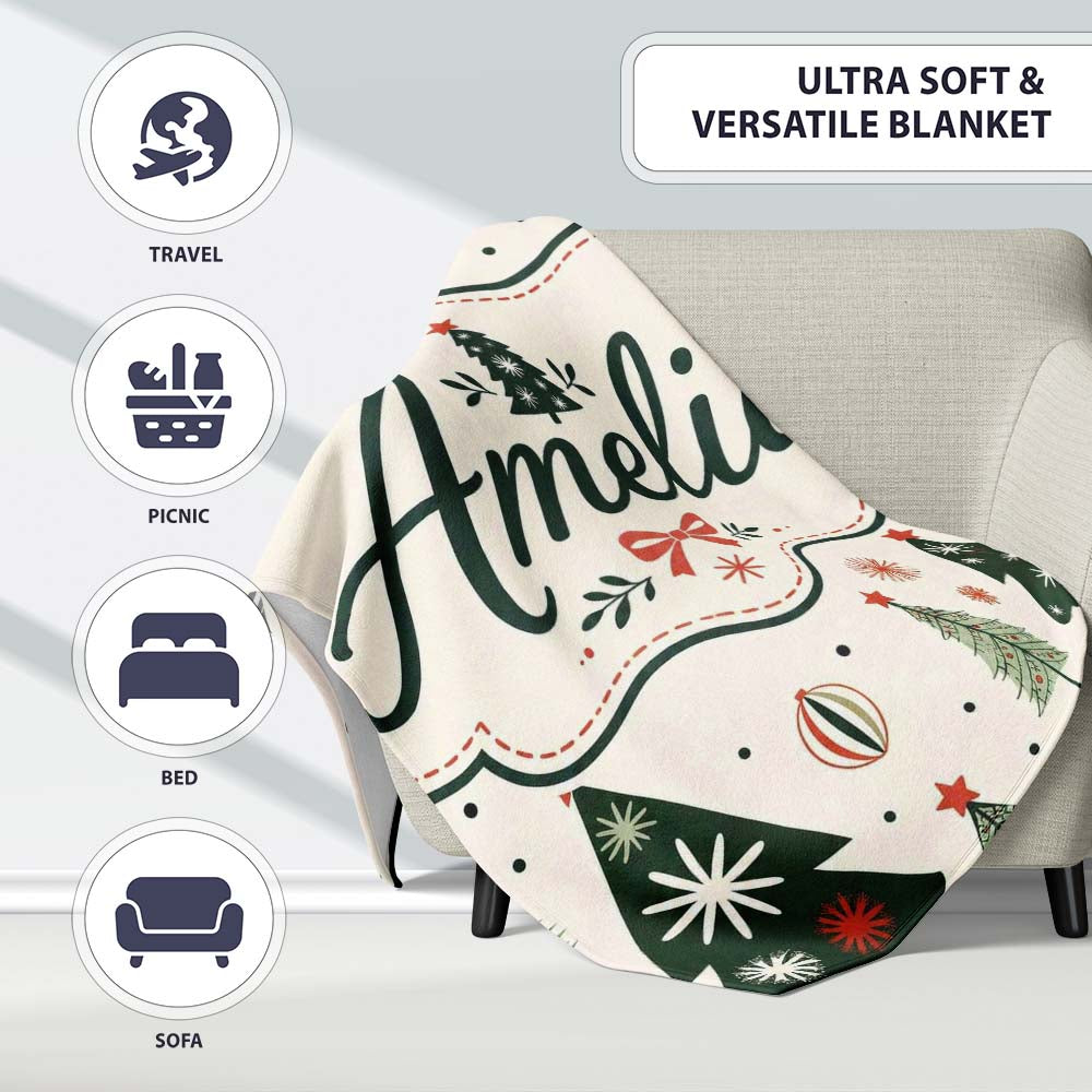 Vintage Style Christmas Trees Ornaments Snowflakes Festive Seamless  Personalised Custom Name Super Soft Fleece Blanket Bed Sofa Throw