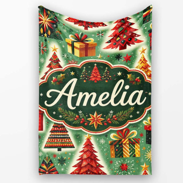 Colorful Christmas Trees Gifts Snowflakes Festive Holiday Seamless  Personalised Custom Name Super Soft Fleece Blanket Bed Sofa Throw