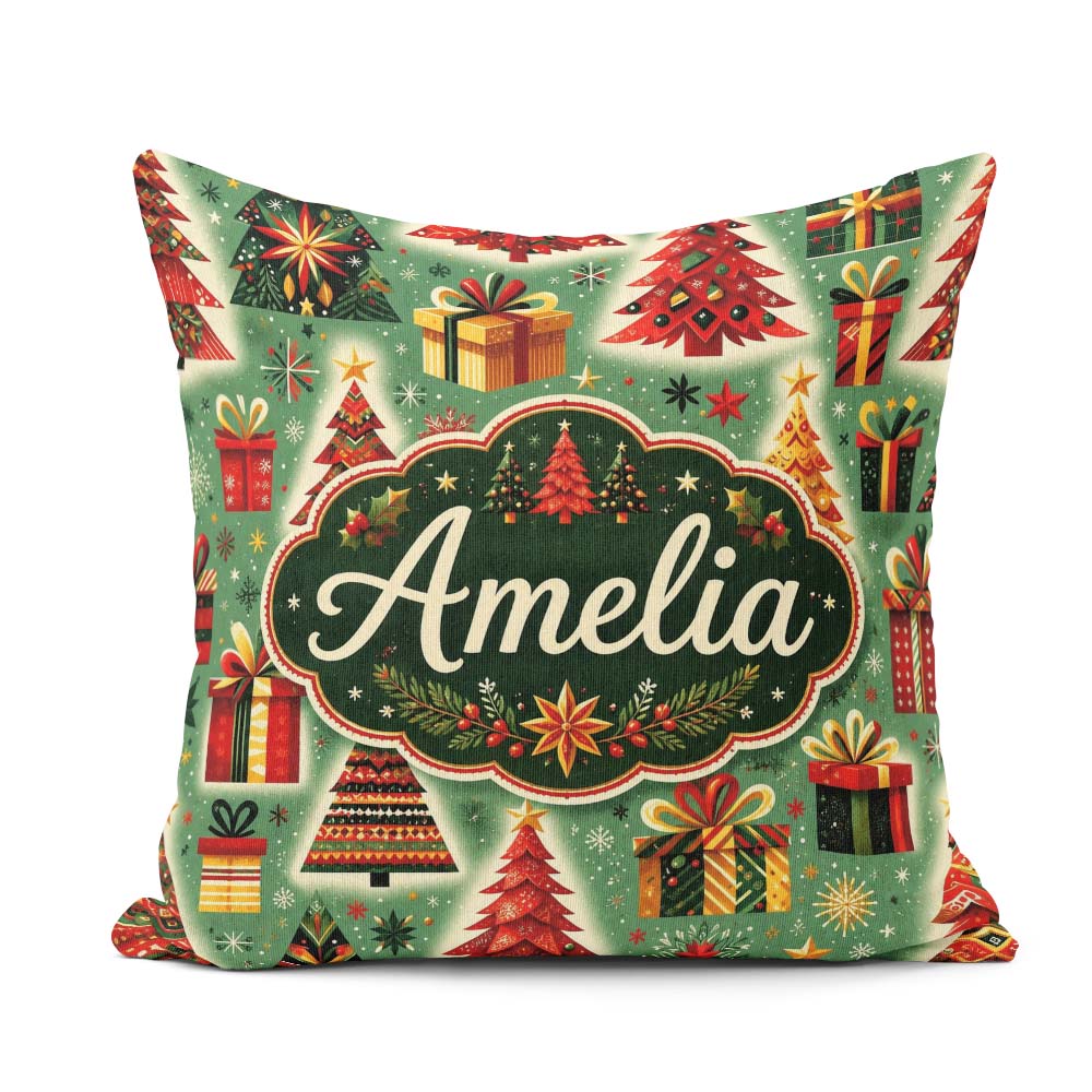 Custom Name Colorful Christmas Trees Snowflakes Festive Seamless Square Filled Cushion Throw Pillow Sofa Bed Home Decor Zip Washable UK Made