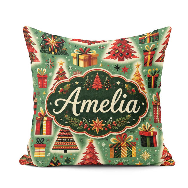 Custom Name Colorful Christmas Trees Snowflakes Festive Seamless Square Filled Cushion Throw Pillow Sofa Bed Home Decor Zip Washable UK Made
