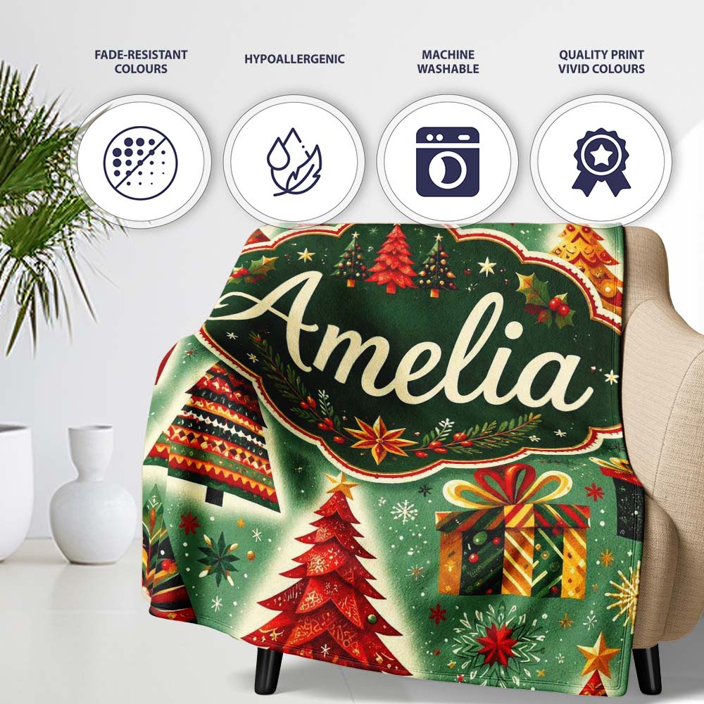 Colorful Christmas Trees Gifts Snowflakes Festive Holiday Seamless  Personalised Custom Name Super Soft Fleece Blanket Bed Sofa Throw