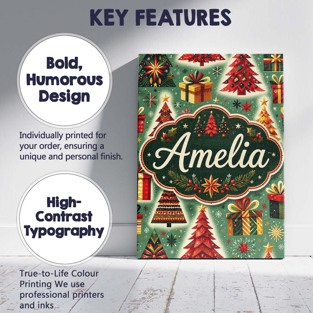 Personalised Name Colorful Christmas Trees Custom  Unique Gift Idea Elegant Feature Canvas Wall Art Print Decor Picture Ready to Hang
