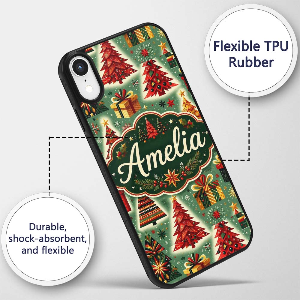 Colorful Christmas Trees Gifts Snowflakes Festive Custom Name Protective Phone Case Mobile Cover Durable Everyday Smartphone Shock Resistant