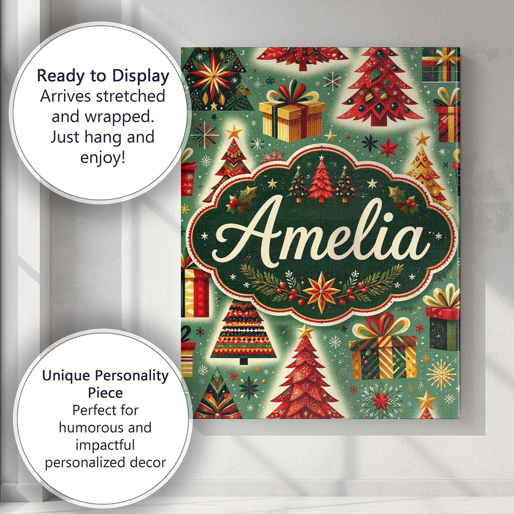 Personalised Name Colorful Christmas Trees Custom  Unique Gift Idea Elegant Feature Canvas Wall Art Print Decor Picture Ready to Hang