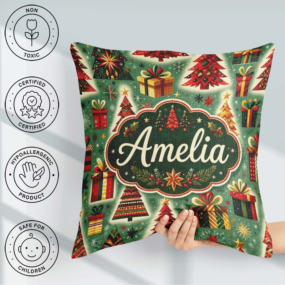 Custom Name Colorful Christmas Trees Snowflakes Festive Seamless Square Filled Cushion Throw Pillow Sofa Bed Home Decor Zip Washable UK Made