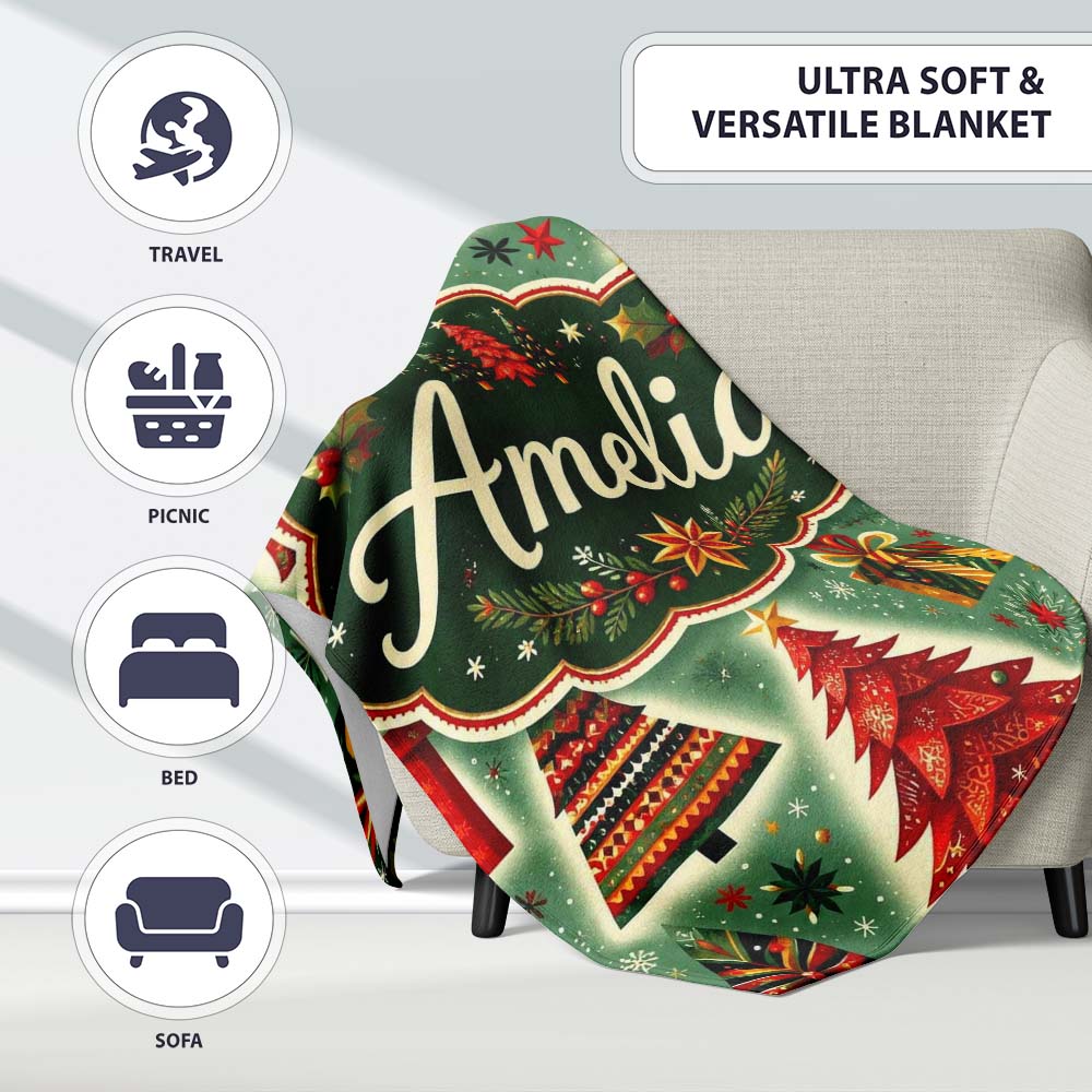 Colorful Christmas Trees Gifts Snowflakes Festive Holiday Seamless  Personalised Custom Name Super Soft Fleece Blanket Bed Sofa Throw