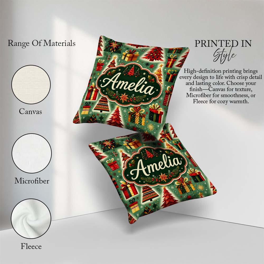 Custom Name Colorful Christmas Trees Snowflakes Festive Seamless Square Filled Cushion Throw Pillow Sofa Bed Home Decor Zip Washable UK Made