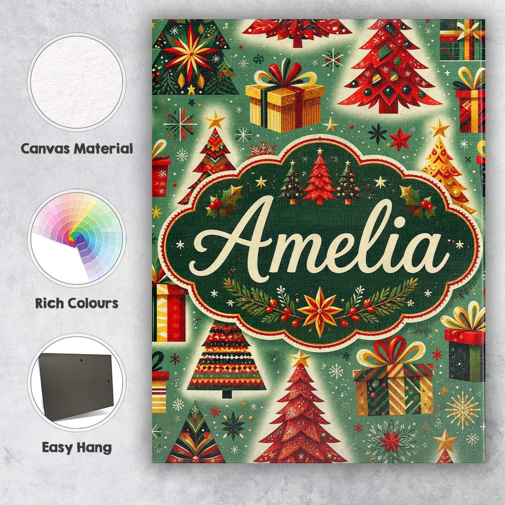 Personalised Name Colorful Christmas Trees Custom  Unique Gift Idea Elegant Feature Canvas Wall Art Print Decor Picture Ready to Hang