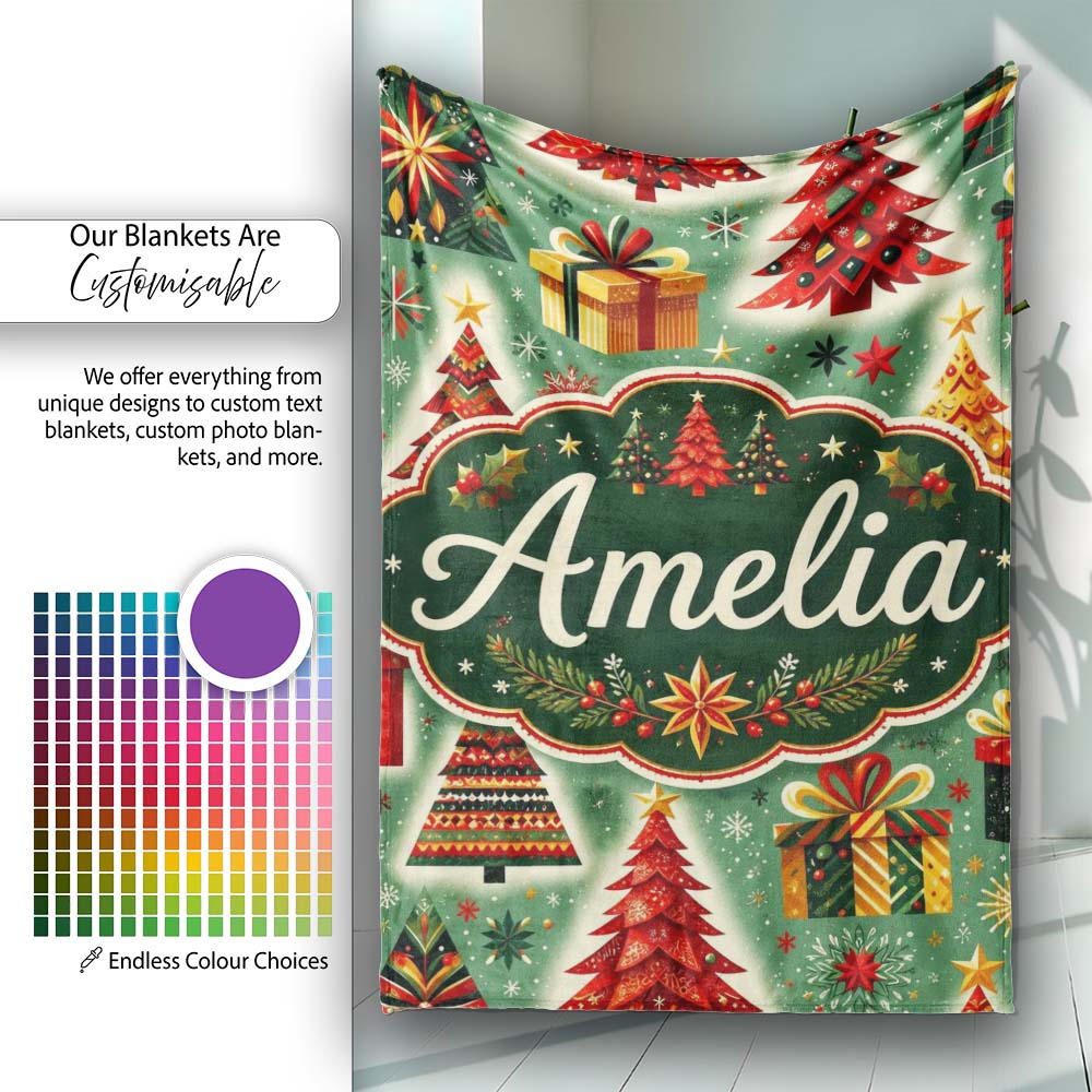 Colorful Christmas Trees Gifts Snowflakes Festive Holiday Seamless  Personalised Custom Name Super Soft Fleece Blanket Bed Sofa Throw