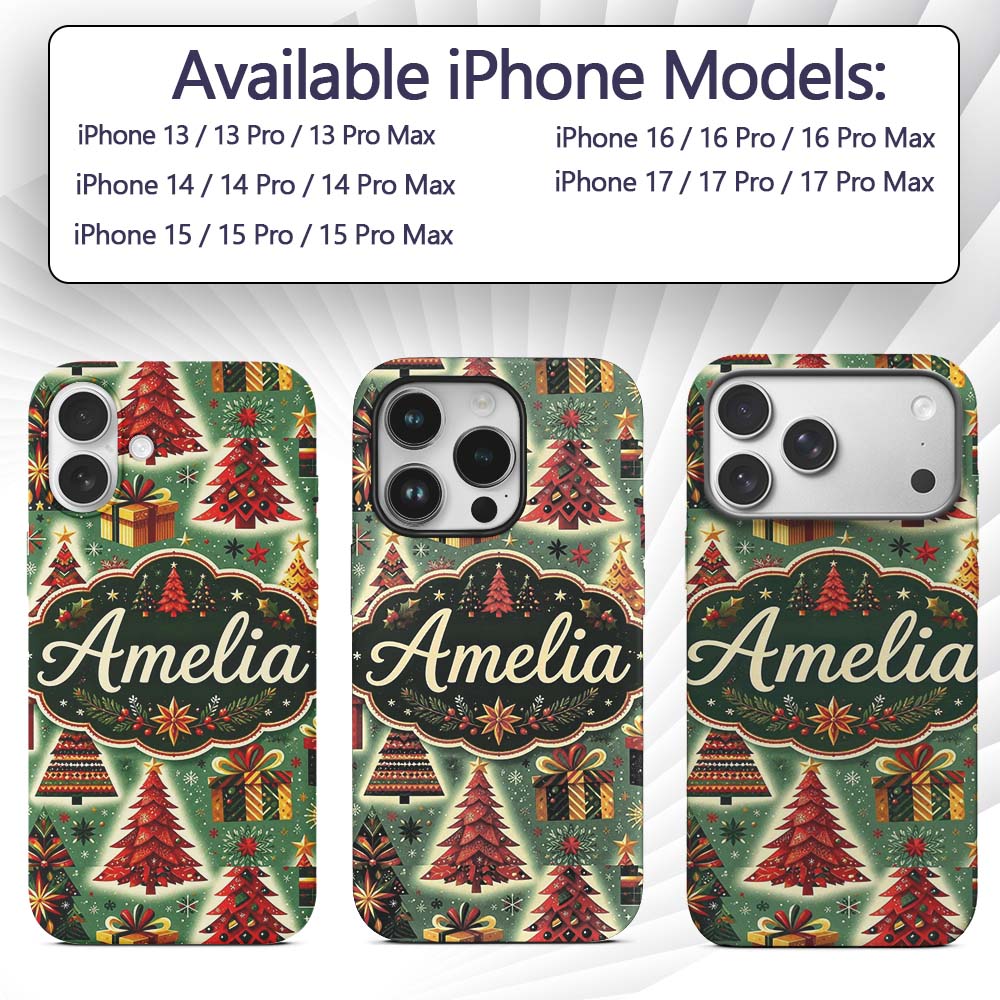 Colorful Christmas Trees Gifts Snowflakes Festive Custom Name Protective Phone Case Mobile Cover Durable Everyday Smartphone Shock Resistant