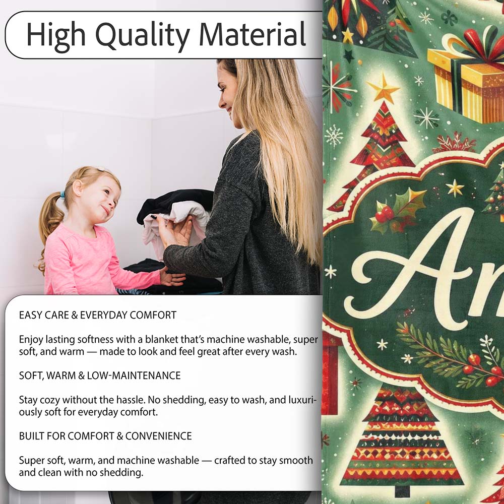Colorful Christmas Trees Gifts Snowflakes Festive Holiday Seamless  Personalised Custom Name Super Soft Fleece Blanket Bed Sofa Throw