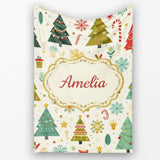 Whimsical Christmas Trees Candy Canes Snowflakes Holiday Seamless  Personalised Custom Name Super Soft Fleece Blanket Bed Sofa Throw