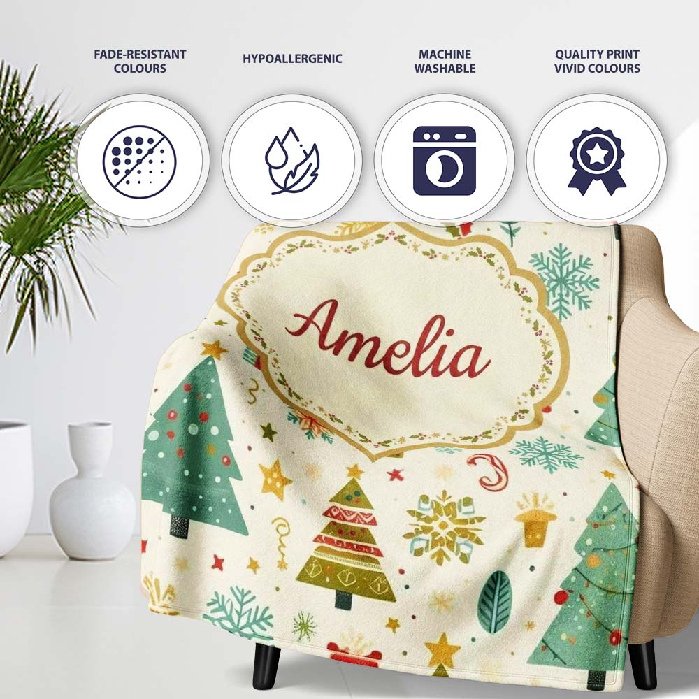 Whimsical Christmas Trees Candy Canes Snowflakes Holiday Seamless  Personalised Custom Name Super Soft Fleece Blanket Bed Sofa Throw