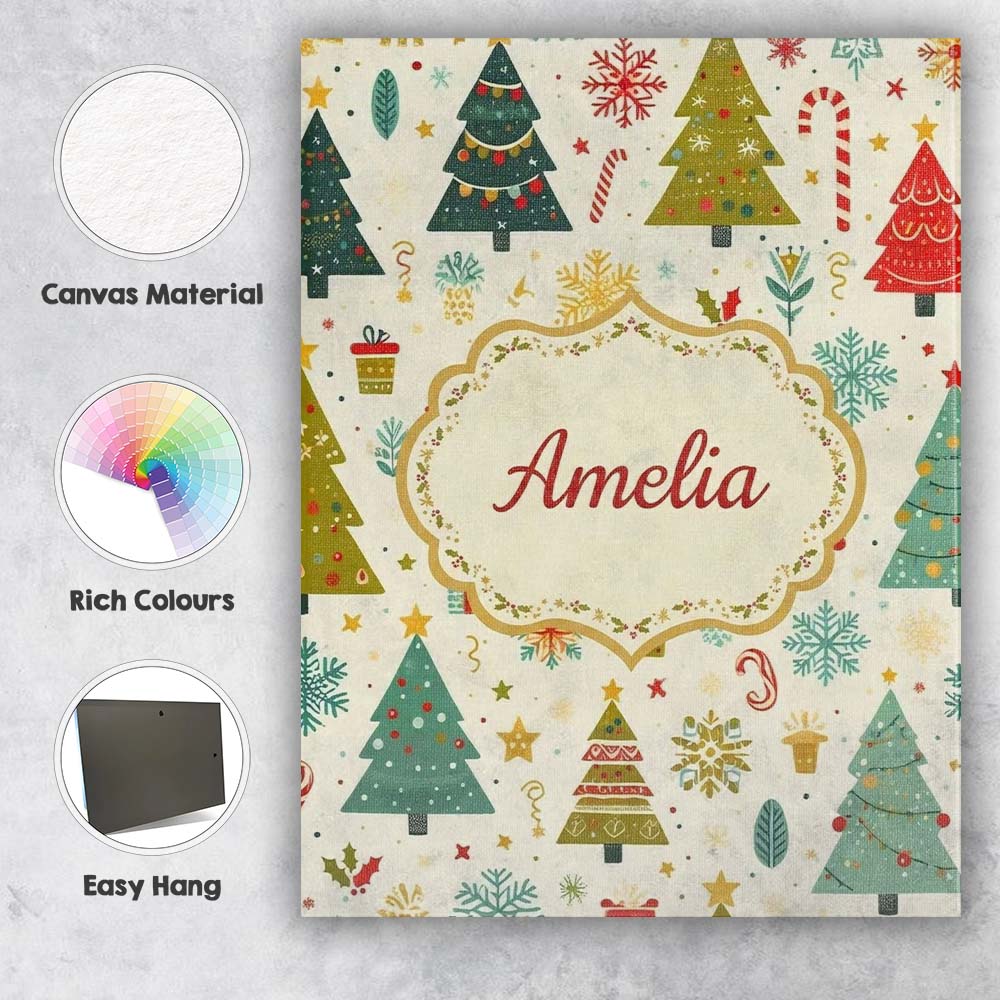 Personalised Name Whimsical Christmas Trees Custom  Bespoke Interior Contemporary Canvas Wall Art Print Decor Picture Ready to Hang