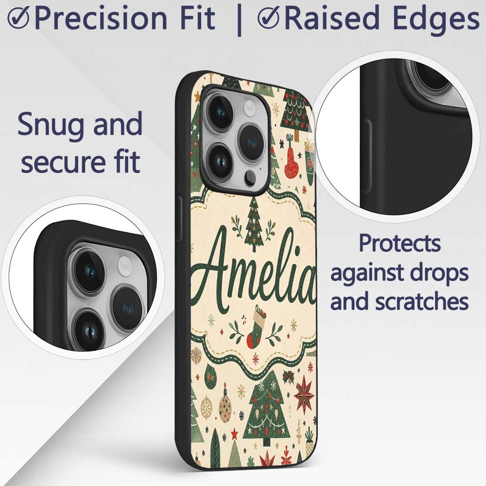 Scandinavian Christmas Trees Ornaments Snowflakes Custom Name Protective Phone Case Mobile Cover Durable Everyday Smartphone Shock Resistant